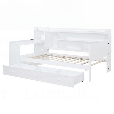 Wooden Daybed with 3 Drawers, USB Ports, and Integrated Desk
