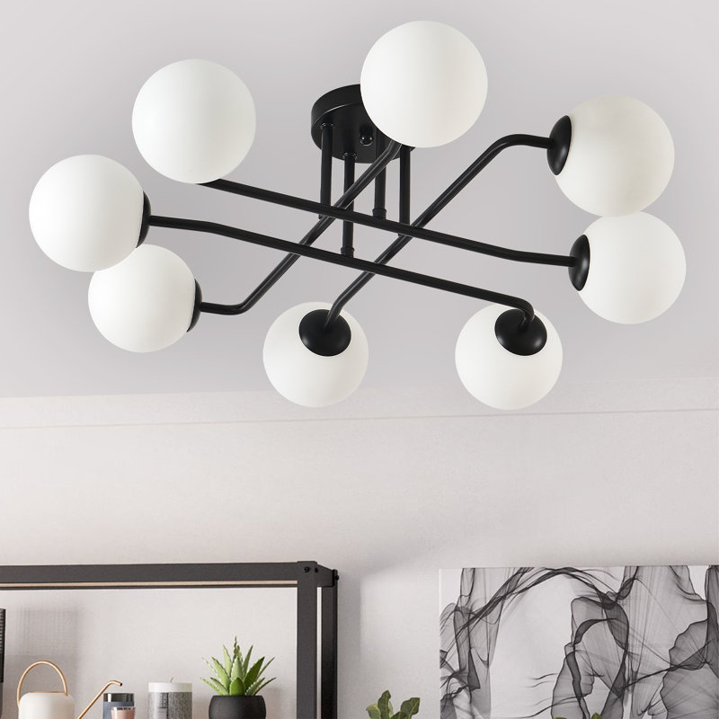 8-Light Modern Sputnik Globe Semi Flush Mount, Matte Black