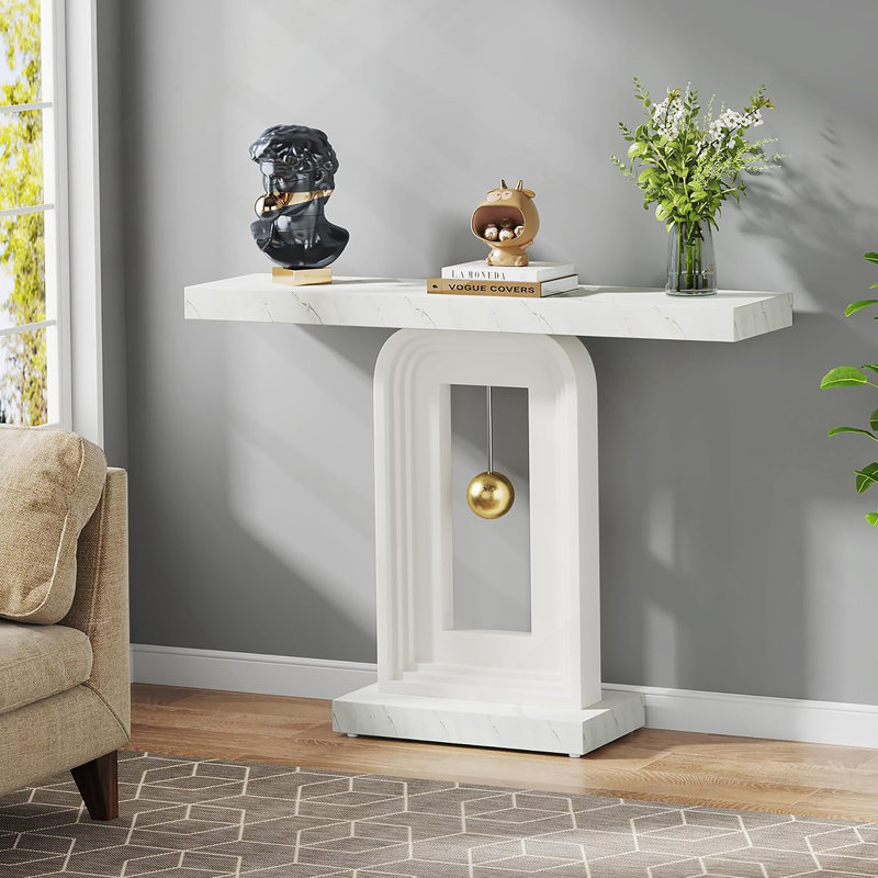Console moderne avec base géométrique, canapé d'entrée étroit de 40 pouces, décor contemporain en bois pour le couloir du salon, faux marbre blanc