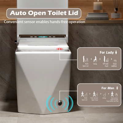 Square Diamond-Shaped Smart Bidet Toilet with 17 Inch Comfort Seat Height, Auto Lid Open/Close & Auto Flush, Foot Kick, Heated Seat, Instant Hot Water, Warm Air Dryer, LED Display & Night Light