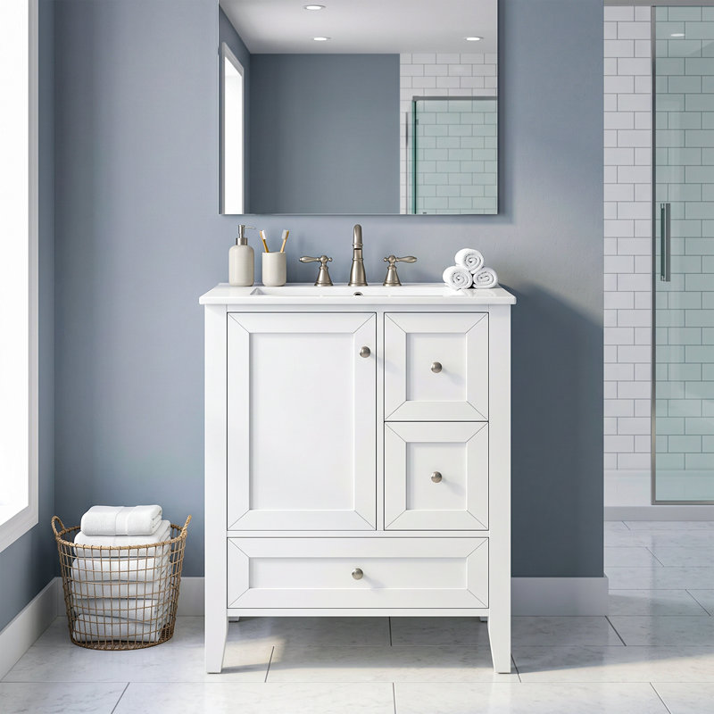Meuble-lavabo autoportant 24 po en bois massif + panneau de fibres à densité moyenne avec lavabo intégré en céramique, armoire de bain blanche avec tablettes de rangement, porte à fermeture en douceur, 3 tiroirs et poignées