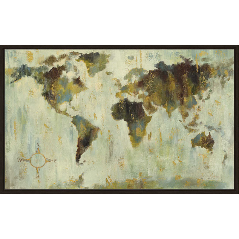Carte du monde en bronze - impression, H 39,5 po x l 63,5 po x P 2 po, Cadre flottant espresso