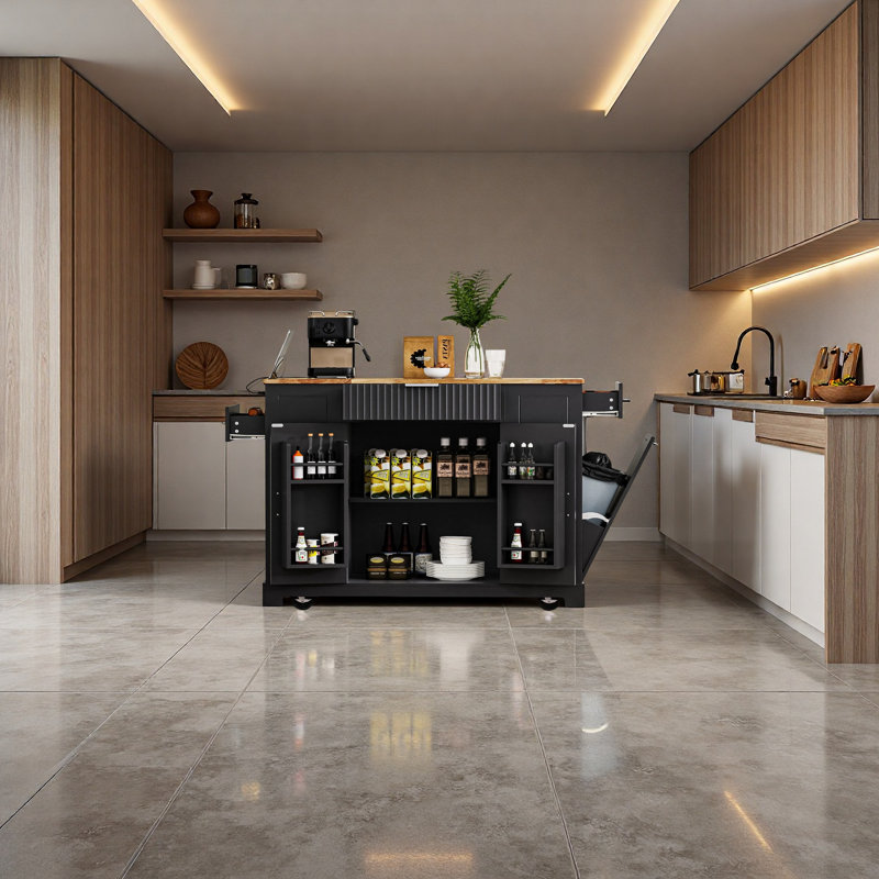 Mediun Kitchen Island With Trash Can Storage Cabinet And 3 Drawers, Black