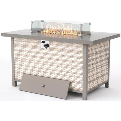 Outdoor Wicker Gas Fire Table, 43 Inch 50,000 Btu Patio Propane Gas Fire Pit W Metal Tabletop,glass Wind Guard,dust Cover