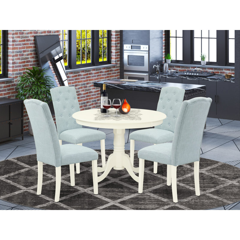 Hanzhe Rubberwood Solid Wood Dining Set, Linen White, Baby Blue, 5 Pieces: Table, 4 Chairs