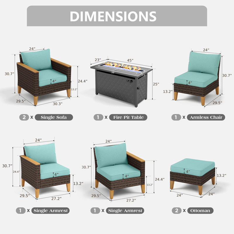 Ensemble de conversation d'extérieur en osier pour 7 personnes avec table de foyer Phenice, Bleu
