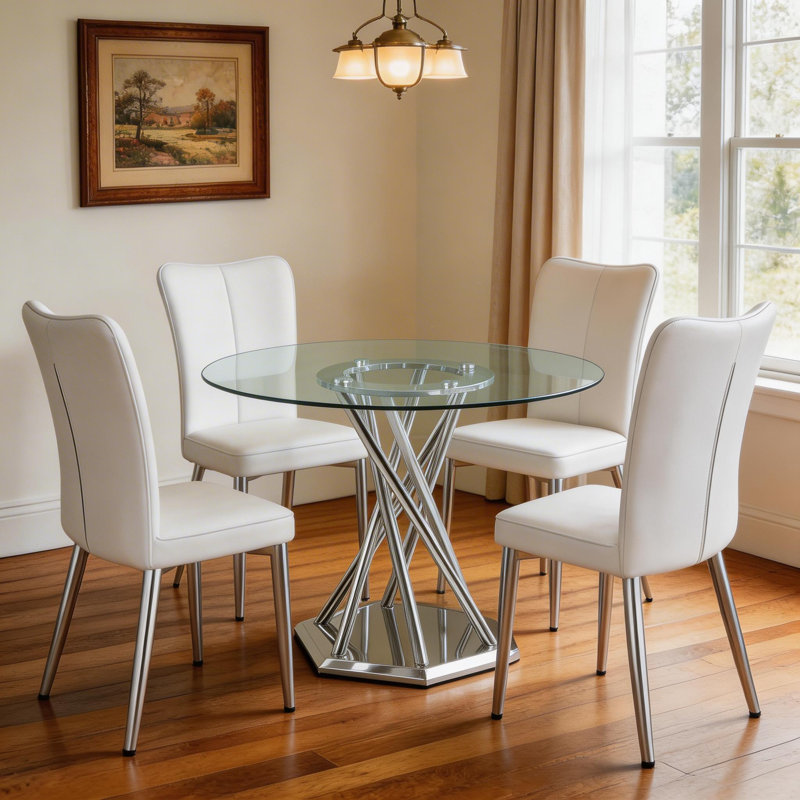 Ensemble de table de salle à manger 38,98 po en verre trempé pour 4 personnes, meubles de cuisine compacts pour appartement, coin-repas, petite salle à manger, rassemblement, table argentée et chaises blanches