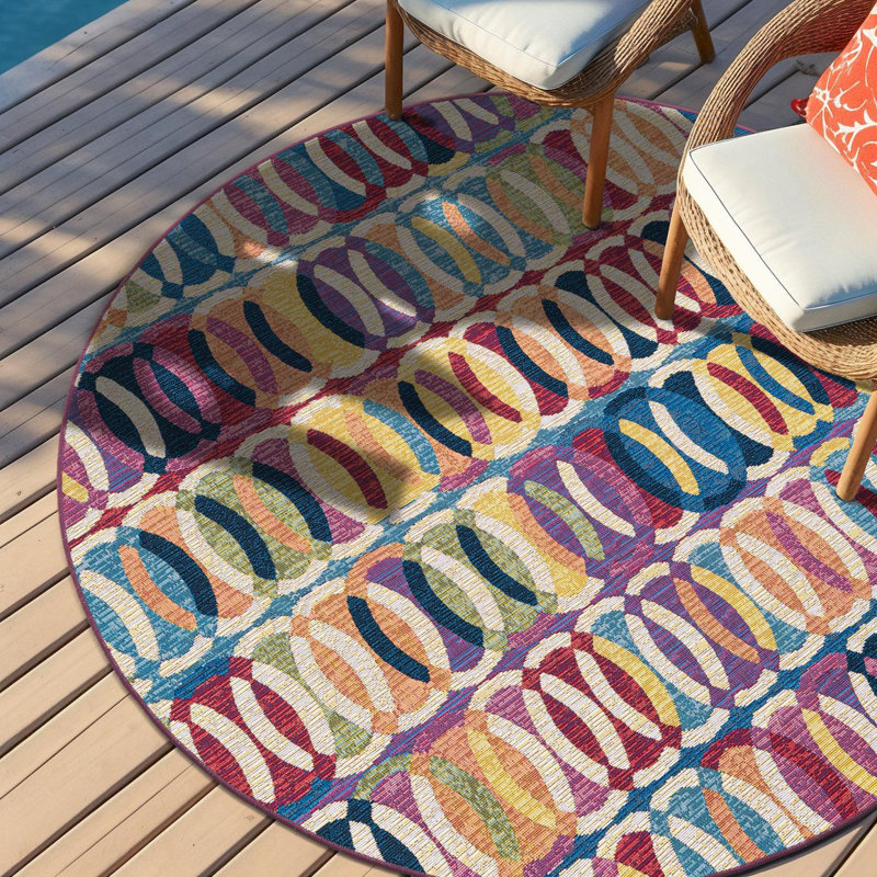Tapis intérieur / extérieur en polypropylène tissé à la machine à motif géométrique bleu / jaune / rose Keazia