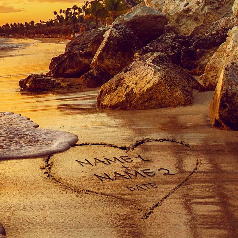 Art mural personnalisé sur toile de plage tropicale personnalisée avec noms et date sur mesure - Décor romantique de palmier au coucher du soleil