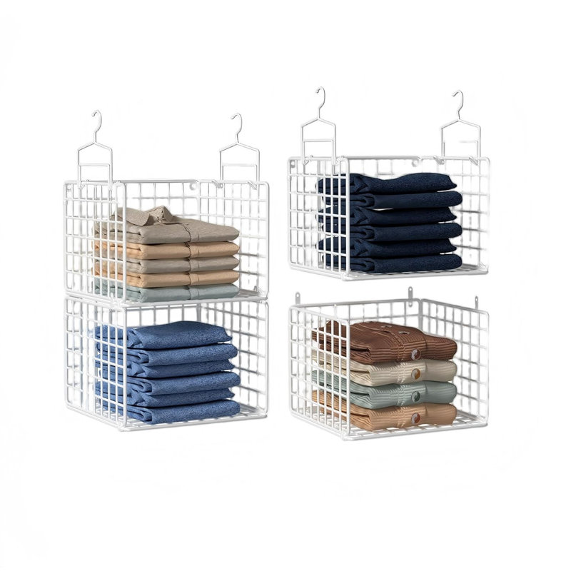 Organisateur de placard en métal à 4 niveaux avec 4 crochets de suspension et 4 crochets en S, blanc