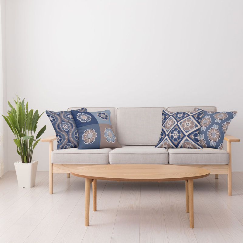Abstract Reversible Pillow Cover, 16" x 16", Dark Ceil Blue And Tan