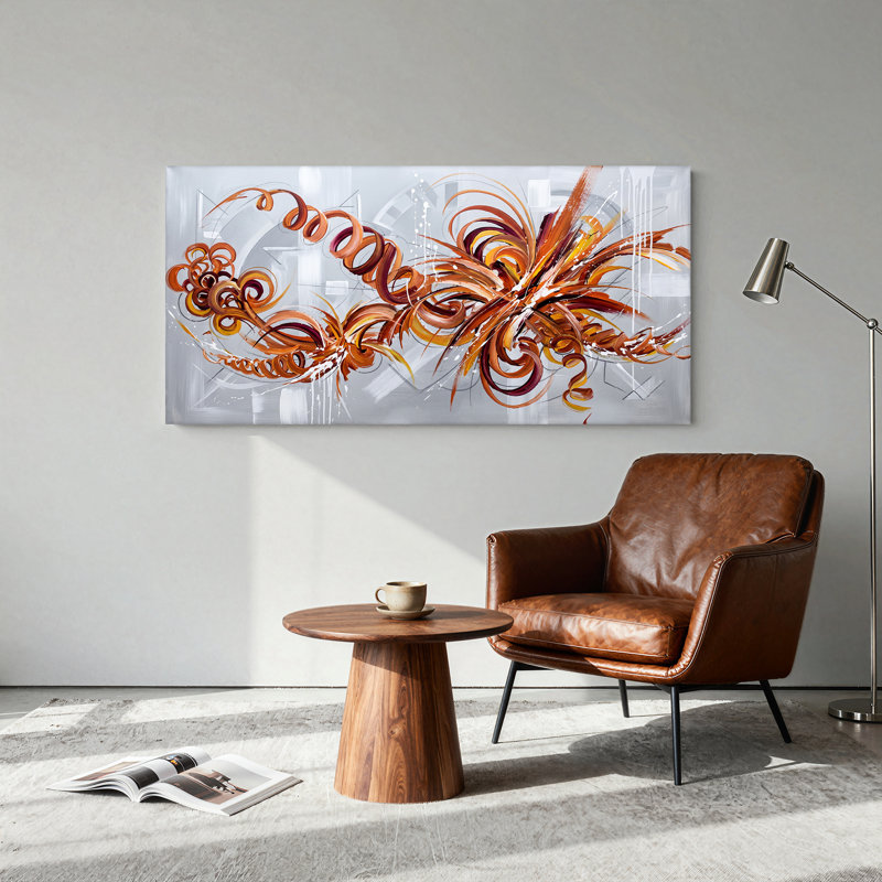 Tableau abstrait à motifs tourbillonnants orange et bourgogne avec des coulures de peinture blanche sur toile, 46“W x 24”H
