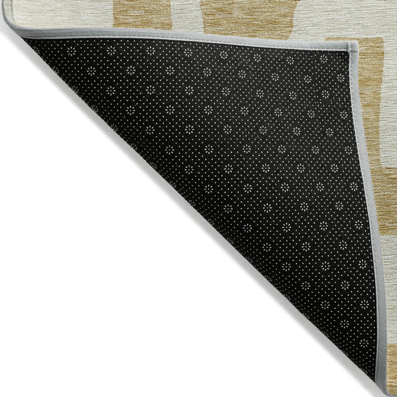 3' X 5' Gold And Ivory Abstract Washable Indoor Outdoor Area Rug