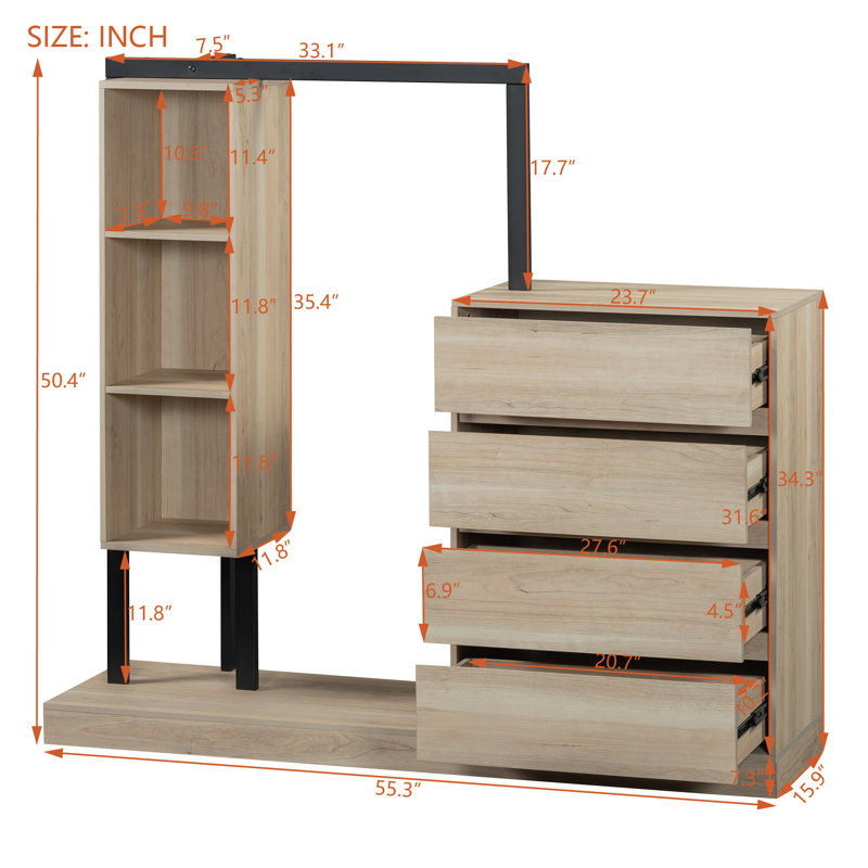 Garde-robe 4 tiroirs et 3 tablettes, Naturel