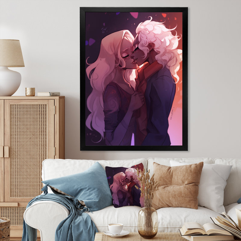 «Young Love» Couple, Kissing I, sur toile, H 44 po x l 34 po x P 1,5 po, Cadre simple noir