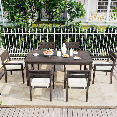 Ensemble de salle à manger d'extérieur en bois d'acacia avec coussins, 6 chaises modernes et 1 grande table, ensemble de mobilier de salle à manger pour pelouse, cour, terrasse de jardin, bord de piscine
