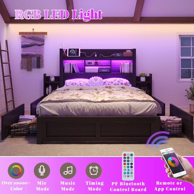 Farmhouse Bed Frame with Bookcase Headboard, 2 Detachable Racks, 4 Drawers & RGB LED, King, Black