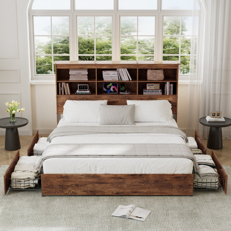 Double Bed Frame With Tall Storage Bookcase Headboard, 4 Large Storage Drawers And Charging Station, Metal Slats Support, Wood Platform Beds with Power Outlets and USB Ports