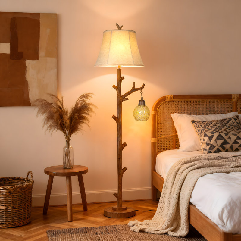 Lampe sur pied 62 po rustique en forme de tronc d'arbre avec veilleuse tissée, lampe standard à 4 interrupteurs rotatifs pour le salon, la chambre de bébé, les ampoules incluses