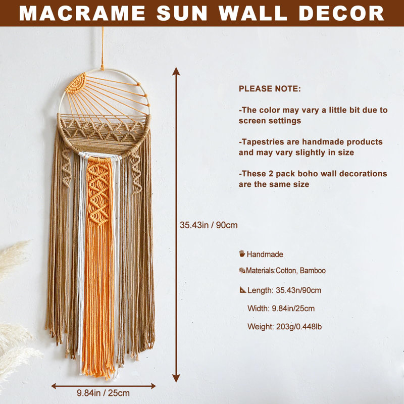 2 Pack Macrame Sun Wall Decor Set - Hand Woven Sunrise Sunset Boho Hanging Tapestry Wall Art, Orange Brown Rustic Dream Catcher Home Decor For Bedroom Living Room Nursery