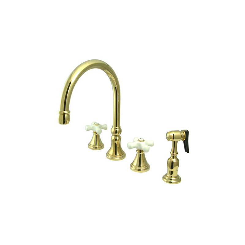 Deck Mount Double Handle Widespread Kitchen Faucet with Porcelain Cross Handle, Polished Brass
