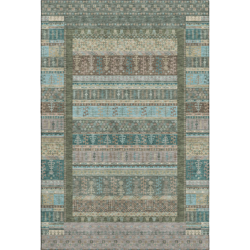 Premium Machine Washable Mayfield AMF2160 Striped Rug, Aloe, Rectangle 5' x 7'6"