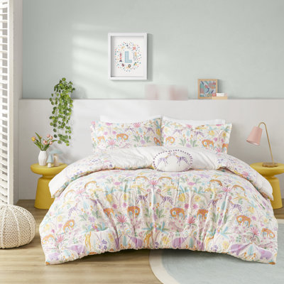 4 pièces d'édredon réversible en coton mauve / grand avec imprimé tigre et éléphant jungle - tissu lavable à la machine