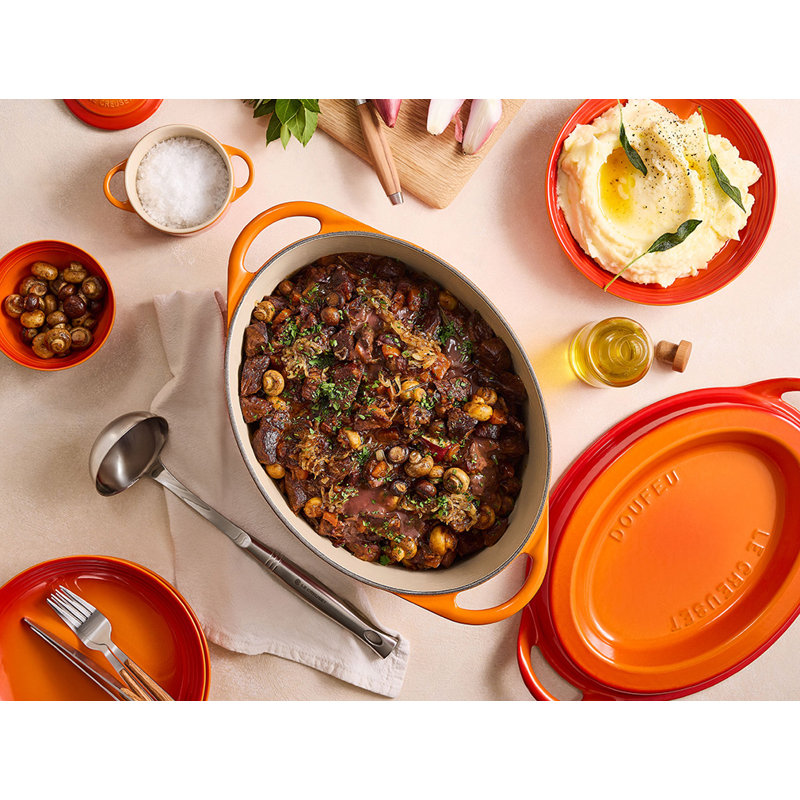 Le Creuset Enameled Cast Iron Traditional Oval Doufeu , 7.25 Qt. - Oyster, Red