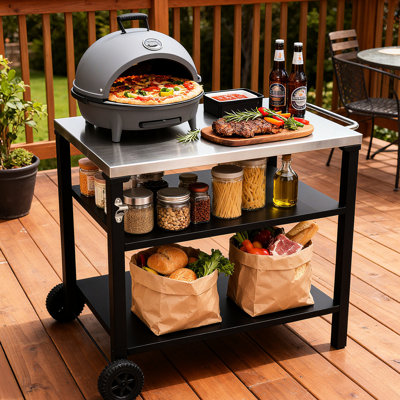 Chariot de barbecue extérieur à 3 niveaux avec surface en acier inoxydable, roues de table de préparation pour barbecue, barre de service roulante pour patio et cour arrière, support de four à pizza noir, rouille, rangement spacieux, mobilité douce,