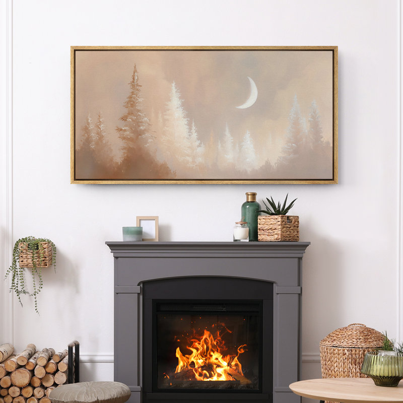 «Warm Toned Crescent Moon Forest Scene», reproduction d'art sur toile encadrée très grande, Cadre naturel