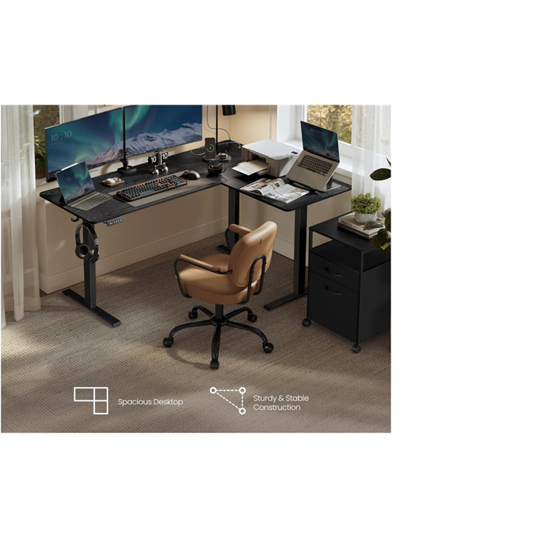Bureau debout électrique en forme de L, bureau de coin réglable en hauteur avec prises de courant et 2 boutons de mémoire, bureau personnel