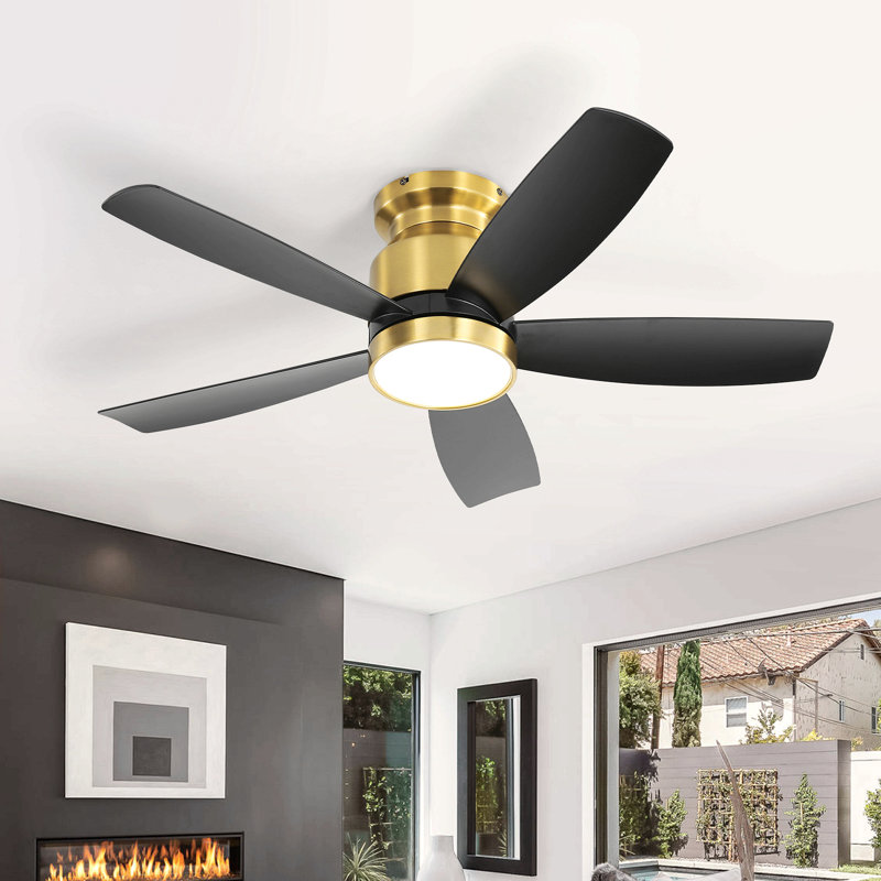 42 Inch Flush Mount Ceiling Fans With Led Light 22W And Remote Control 5 Abs Fan Blades For Bedroom Patio, Gold, Black
