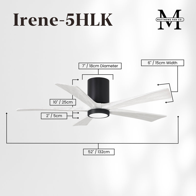 Irene Flushmount Light Kit 5 Blade LED Ceiling Fan, Matte Black, 52", Matte White
