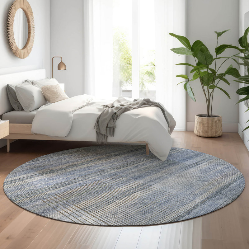 Premium Machine Washable Prisco Blue Rug, Round 8'
