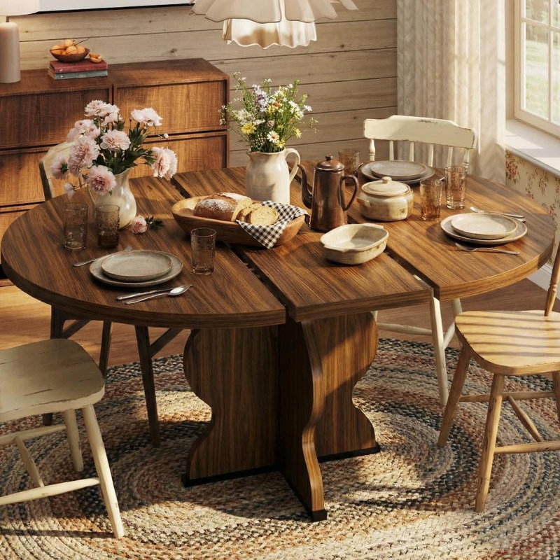 Table de salle à manger extensible ronde de 47 à 63 po pour 4 à 8 personnes, table de cuisine en bois extensible Farmhouse avec pieds extra larges, structure en métal, peu encombrante pour les appartements
