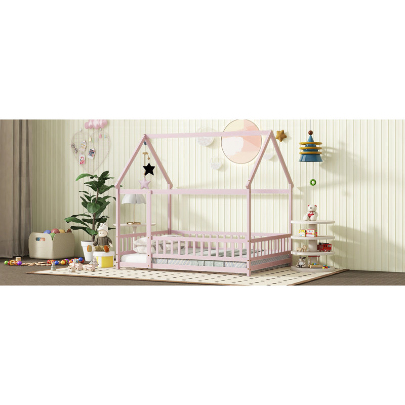 Lit en bois avec structure de toit House House, Double, Rose