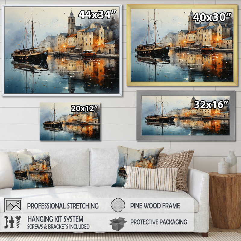 «Coastalport Port Of Tranquility», reproduction d'art sur toile encadrée, H 34 po x l 44 po x P 1,5 po, Cadre flottant blanc