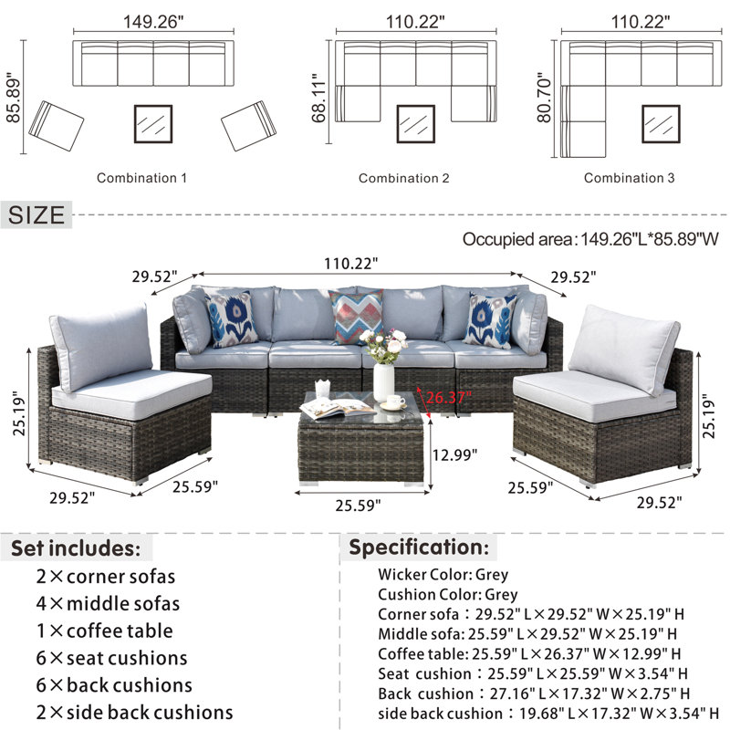 6 - Person Patio Conversation Set with Cushions, Light Blue