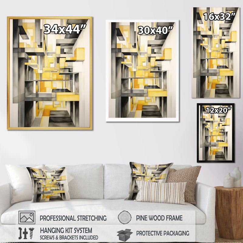 «Yellow and Gray Intersecting Realities II - Abstract Shapes», art mural, H 32 po x l 24 po x P 1 po, Toile tendue
