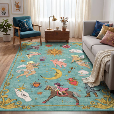Vintage Celestial Area Rug, Sun Moon Angel Whimsical Low Pile Non-Slip Decor Carpet for Bedroom Living Room
