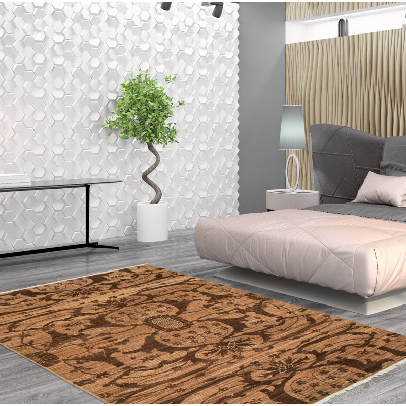 Tapis unique en laine noué à la main brun clair / brun clair 4 pi x 6 pi 3 po nouvel âge 18/20