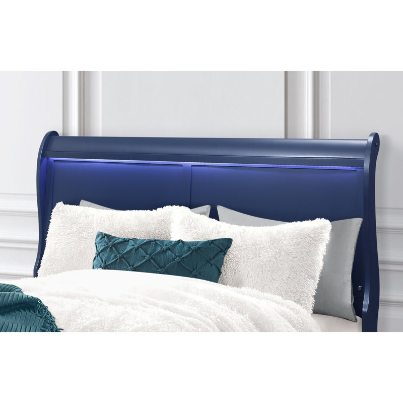 Led - Integrated Blue Full Bed, Bed Style, Panel Head, Solid Wood And , 55.13 In Depth, 82.8 Width, 47.16 Height With Led, Transitional Style Headboard, Rubberwood Material, Wide, Deep, Tall, 73.05