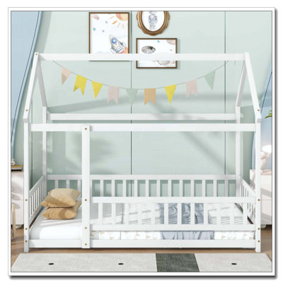 Twin Size House Floor Wooden Bed with Roof Frame,Safety Guardrails