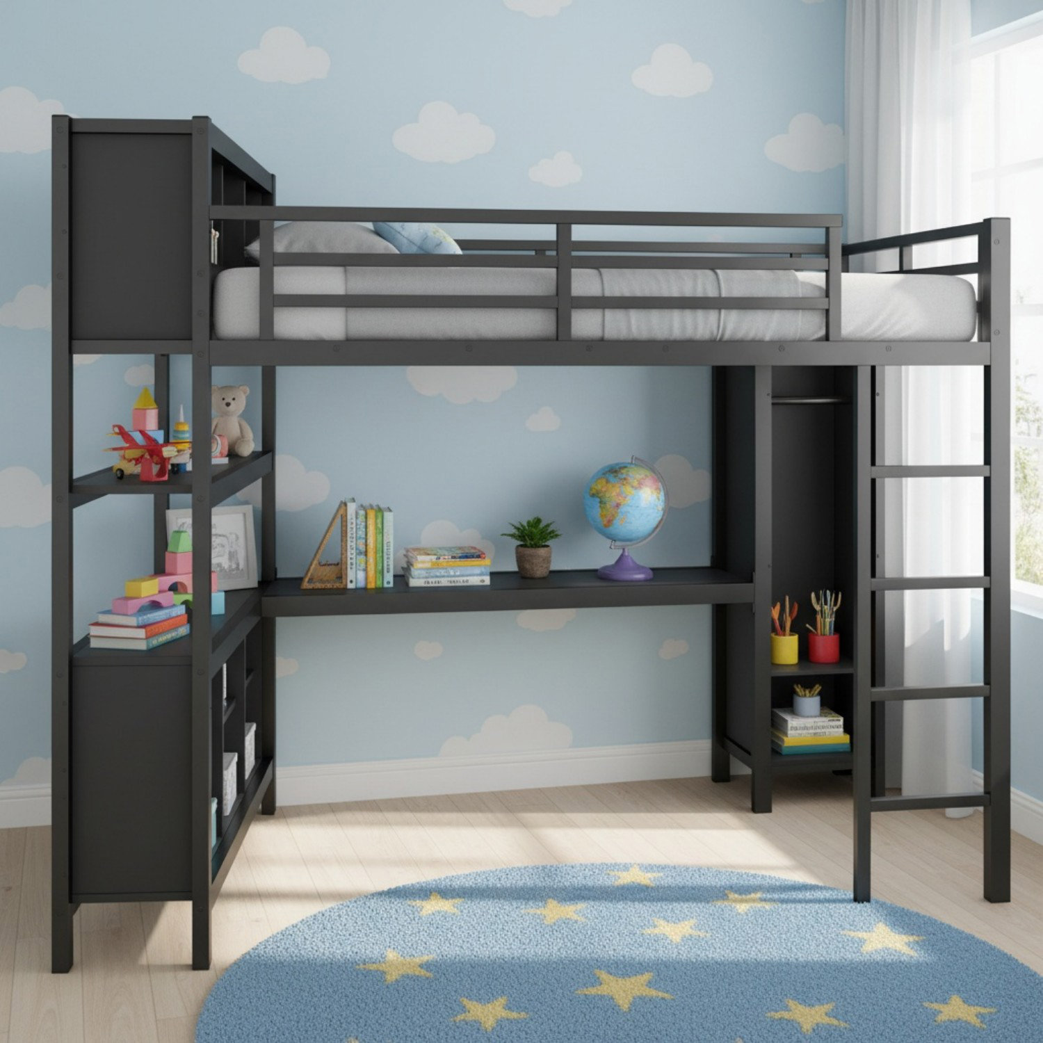 Harriet Bee Metal Loft Bed with Wardrobe And L-shaped Desk, Full Size ...