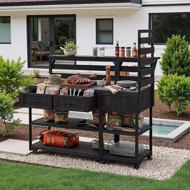 Îlot de cuisine en bois massif avec tablette surélevée à 2 tiroirs en acier inoxydable pour barbecue, Noir
