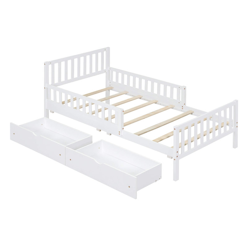 Lit plateforme simple en bois avec garde-corps et deux tiroirs de rangement, Lit simple, Blanc