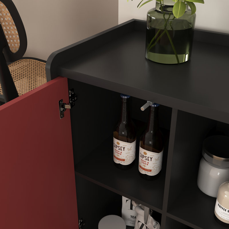 Buffet noir avec portes rouges, 2 tiroirs et rangement ouvert - Armoire d'appoint moderne pour la cuisine ou la salle à manger