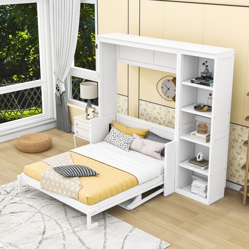 Lit escamotable en bois avec bureau et tablettes, conception pliable, Double, Blanc