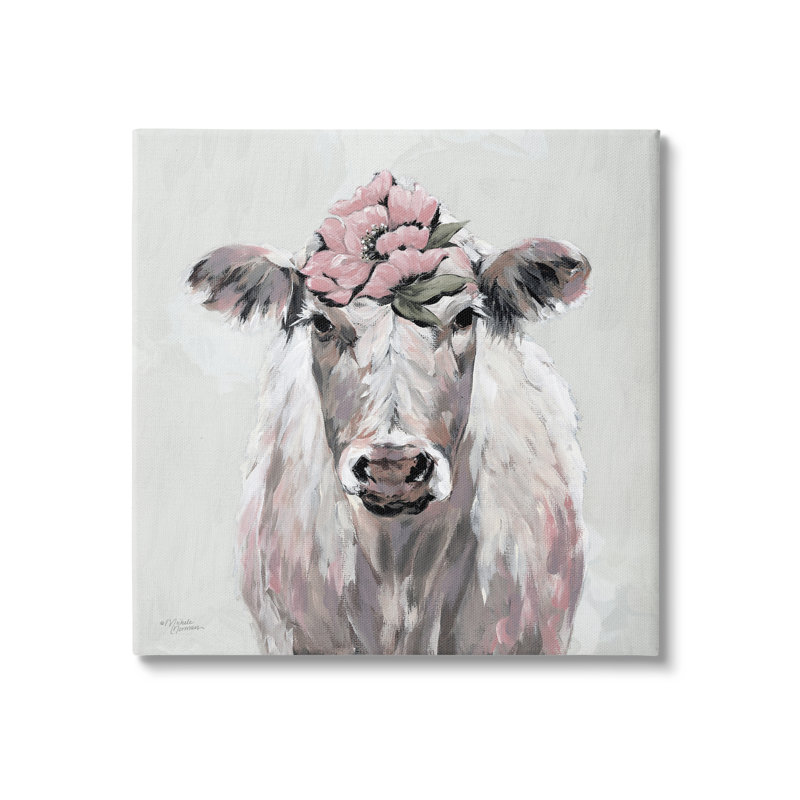 Botanical Cow Cattle Flower Blossom Canvas Wall Art, 36" x 36"