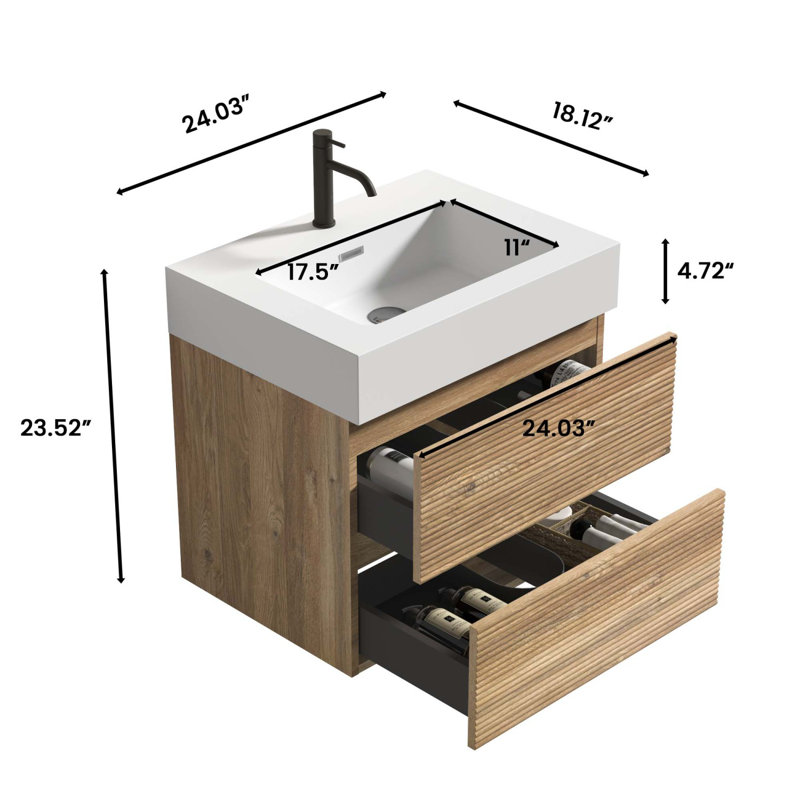 Meuble-lavabo mural avec lavabo à quartz blanc et tiroirs à fermeture en douceur, conception moderne